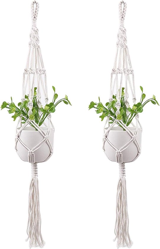 Mkouo Set van 3 macramé hangmanden voor planten, katoenen touw met kralen zonder kwastjes, 58 cm/73 cm/89 cm, zwart