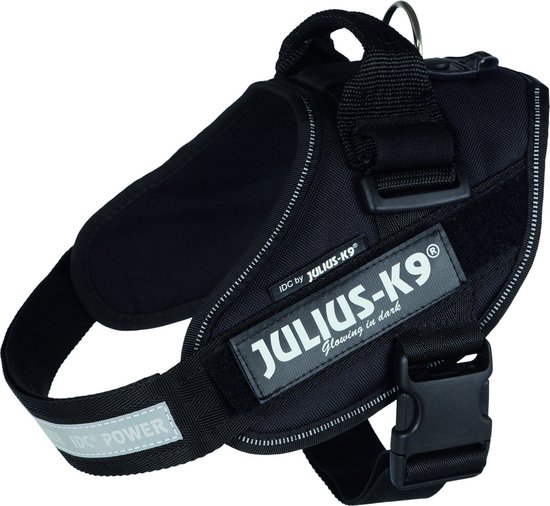 Zwart Julius-K9 IDC Power tuig met tekst 'Glowing in dark' en reflecterende strip.