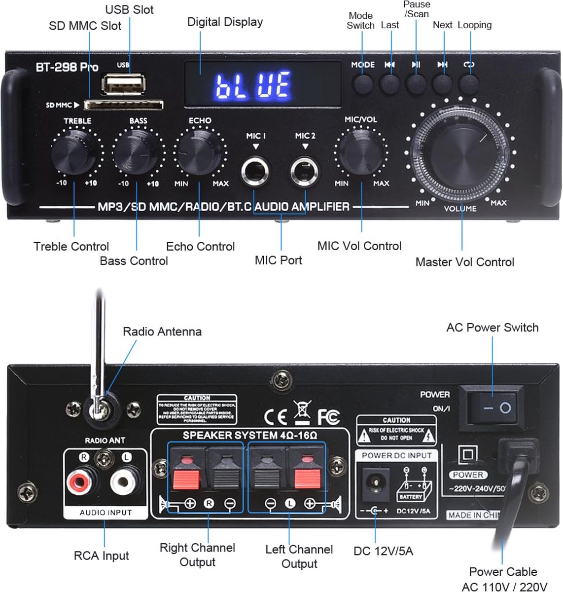 Pro Audioversterker 800 W | HiFi Versterker met Bluetooth 5.0 en FM-radio | Draagbaar en Compact thumbnail 7