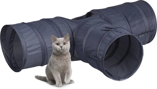 Ownpets kattentunnel, gemaakt van stof met bal en kattentrekker, uitbreidbaar en opvouwbaar kattentunnel, speeltunnel voor kat, puppy, konijn, grijs
