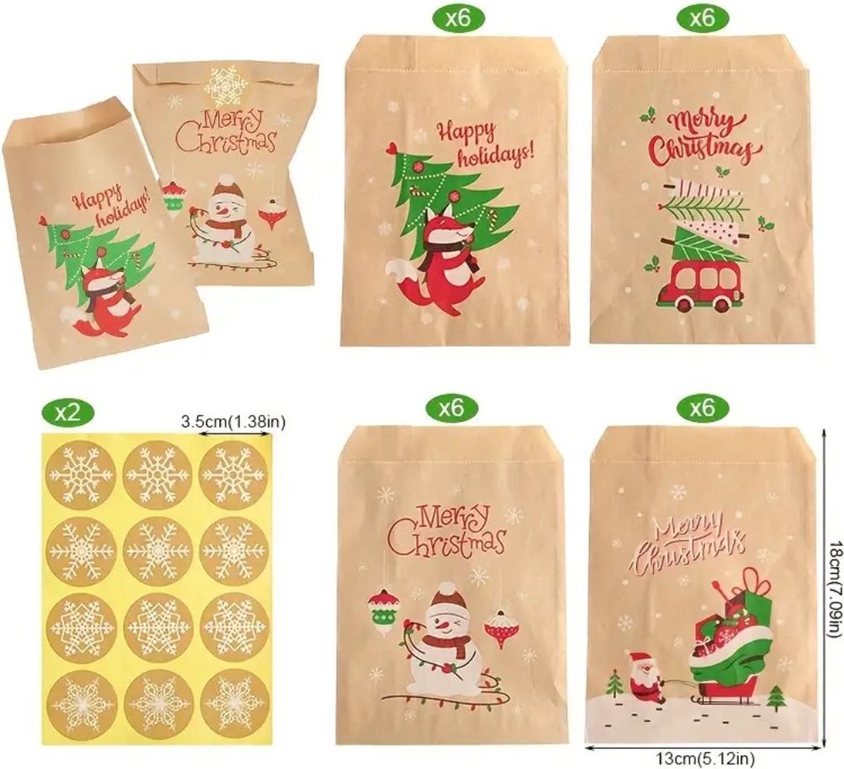 24 stuks kerst cadauzakjes craftpapier 18x13cm inclusief 24 stickers