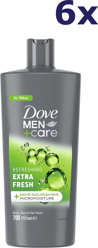 6x Dove Men+Care Extra Fresh douchegel. Grijze fles met groene opdruk. XL 700ml.