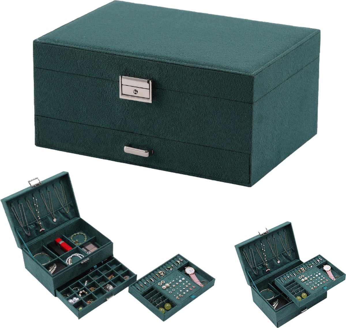 Beste Prijs Sieradendoos met 2 Verdiepingen - Juwelendoos - Organizer - Sieraden doosje Meisje - Groen