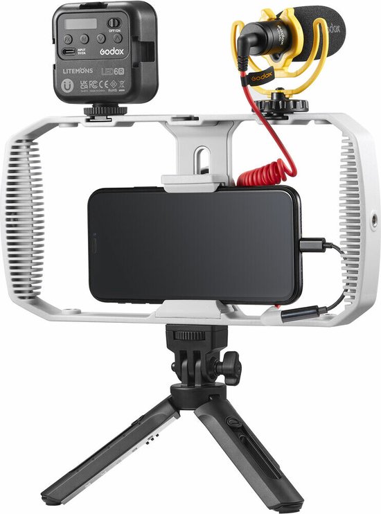 Foto: Godox vk1 uc vlogging kit usb c aansluiting inclusief led6r belichter diffusor bracket microfoon wind cap windscreen schuim mini tripod smartphone rig perfect voor vloggers
