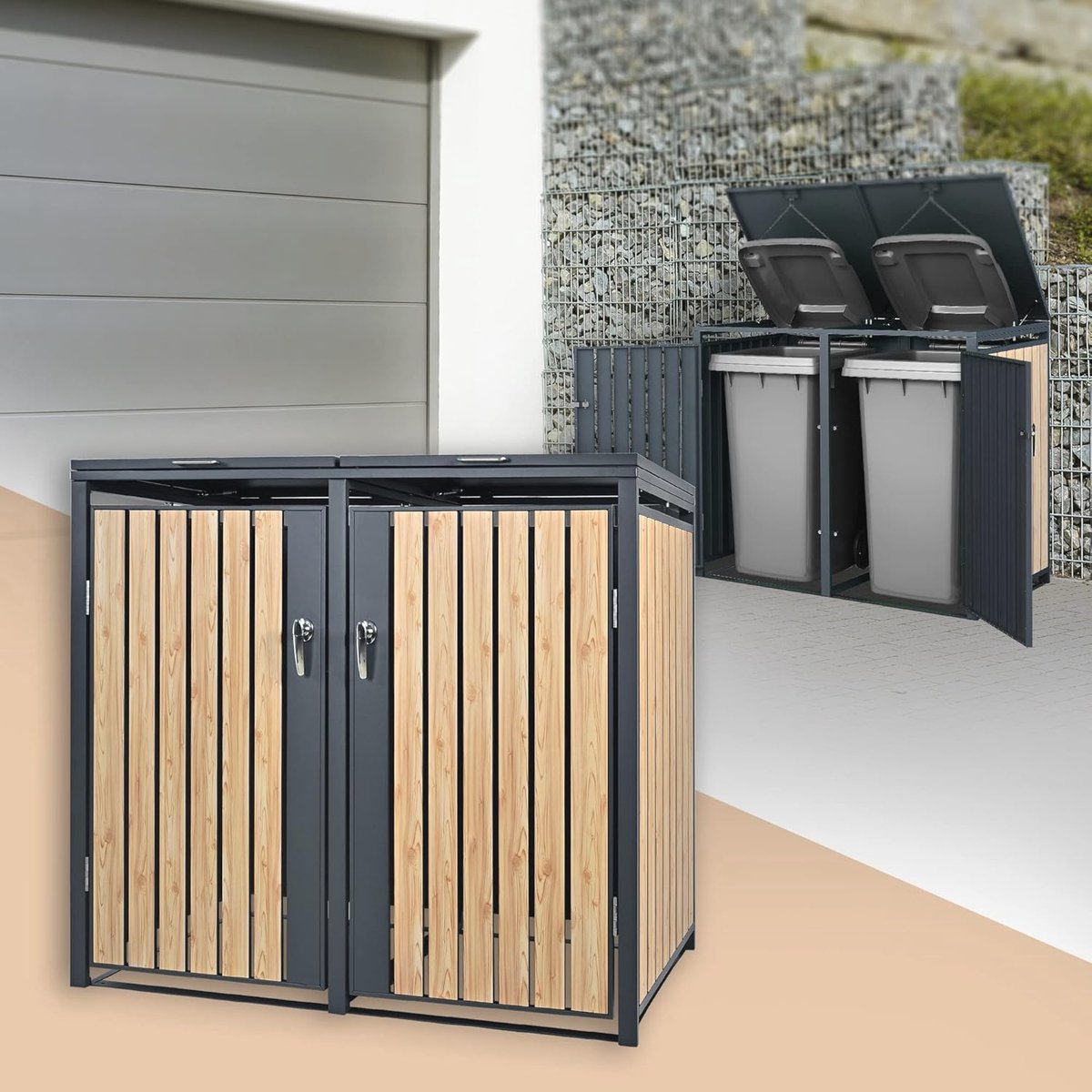 Goedkoopste Vuilnisbakbox 240L - Weerbestendig en Afsluitbaar met Houten Look en Scharnierend Deksel