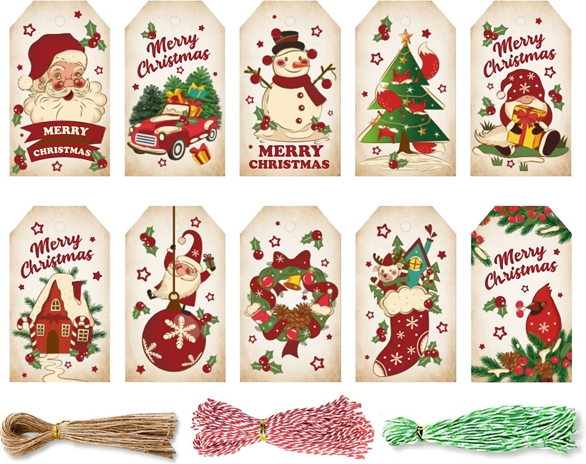 100 Stuks Kerst Kraft Karton Cadeau Labels met 100 Stuks Jute Touwtjes - Kartonnen Kerstkaarten - Cadeaulabels Kerstmis Versiering Maken - Kerstversiering Decoratie voor Binnen - Kleine Kraftpapier Etiketten - Prijskaartjes\Prijslabels Koord - 7x4cm