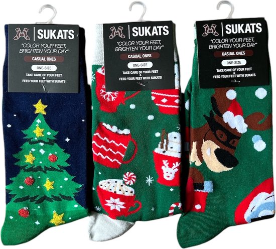 Sukats® The Casual Ones - 3 Paar - Maat 38-44 - Kerstsokken - One-Size - Dames en Herensokken - Set C - Happy Colorful Socks - Grappige Sokken - Vrolijke Sokken - Cadeausokken