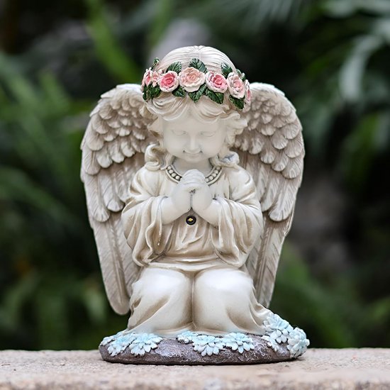 Statue Ange Jardin Solaire En Résine - Ange Endormi Avec Livre LED - 19.5x13.3x11 Cm, Résistante Intempéries - Décoration Extérieure