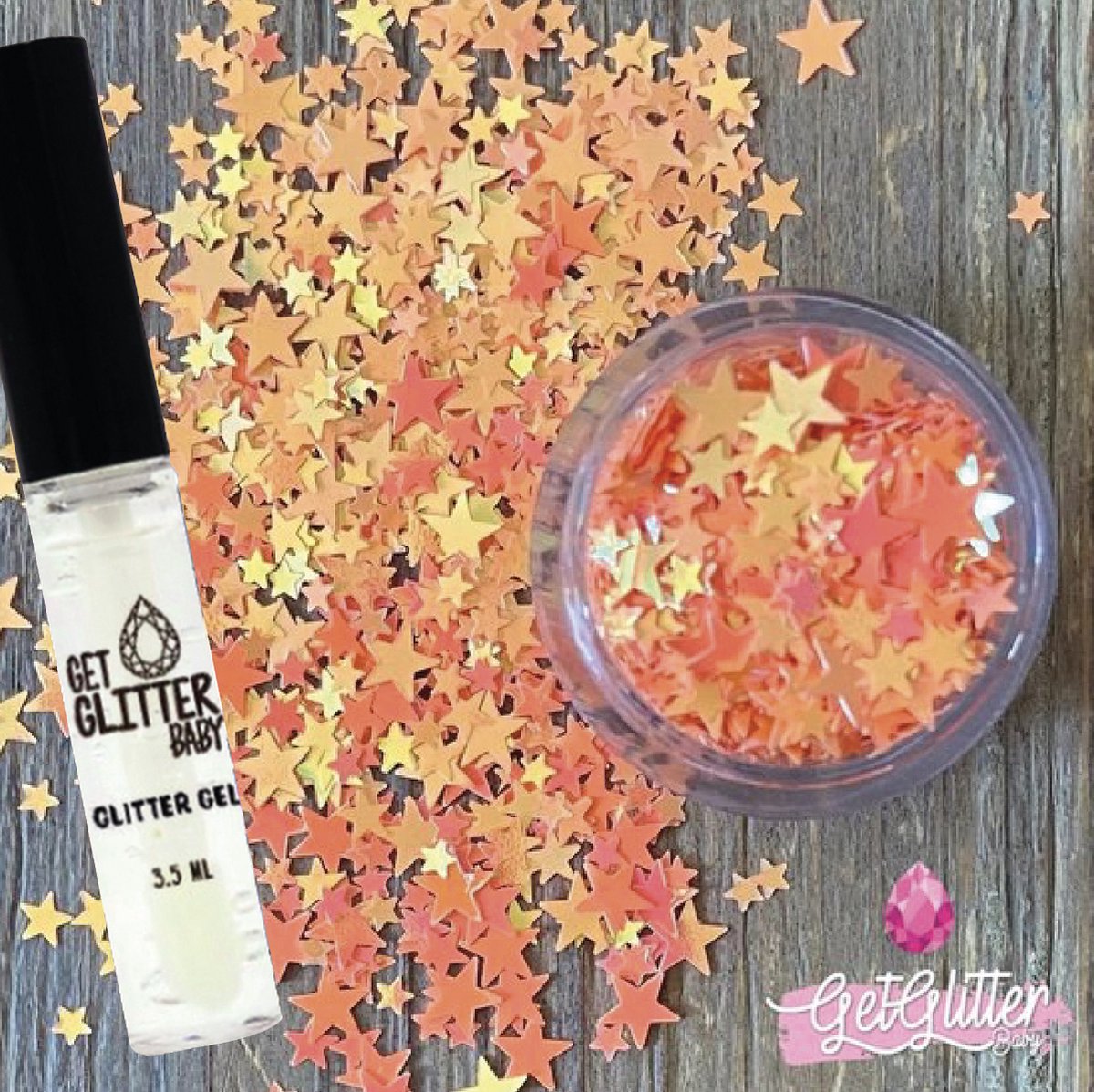 GetGlitterBaby® - Chunky Festival Glitters Sterretjes voor Lichaam en Gezicht Jewels Gel Glitterlijm Huid lijm / Bio Vegan Biodegradable Biologische Face Body Glitter - Koningsdag Kingsday Oranje + Glittergel Huidlijm