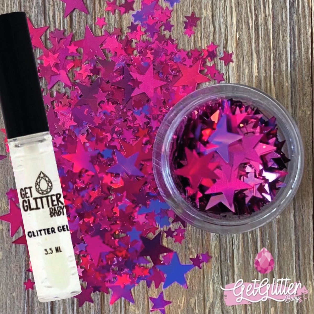 GetGlitterBaby® - Chunky Festival Glitters Sterretjes voor Lichaam en Gezicht Gel Glitterlijm Huid lijm / Bio Vegan Biologische Biodegradable Face Body Glitter Jewels - Roze + Glittergel Huidlijm