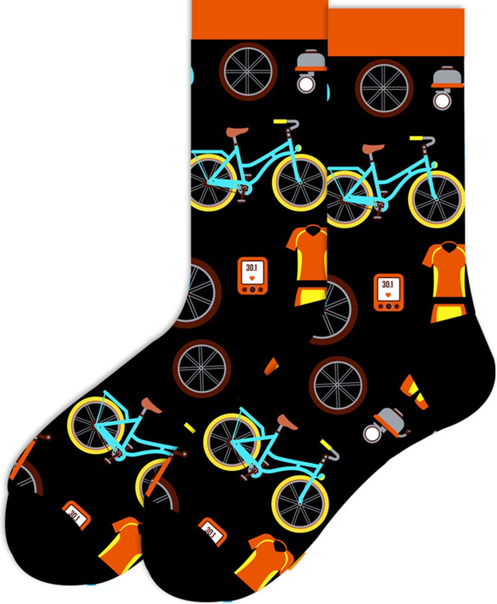 Sokken Heren - zwart - oranje - blauw - print fiets - 40 - 46 - cadeau voor hem - Kerst cadeau - geschenk man - verjaardagscadeau