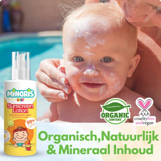 Minoris Baby Zonnebrandlotion SPF 50+ 150 ML| Biologisch, Natuurlijk & Minerale Inhoud | Zonnebescherming voor Gevoelige Huid | Hypoallergeen, Vegan, Rifvriendelijk, Waterbestendig, Breedspectrum, Dermatologisch Getest