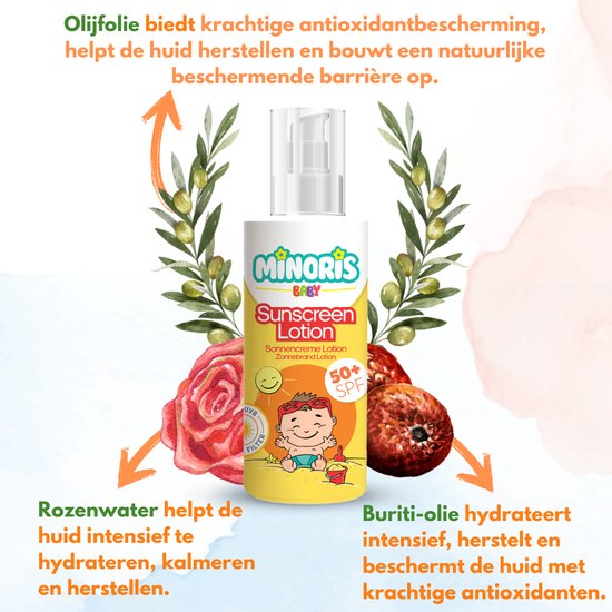 Minoris Baby Zonnebrandlotion SPF 50+ 150 ML| Biologisch, Natuurlijk & Minerale Inhoud | Zonnebescherming voor Gevoelige Huid | Hypoallergeen, Vegan, Rifvriendelijk, Waterbestendig, Breedspectrum, Dermatologisch Getest