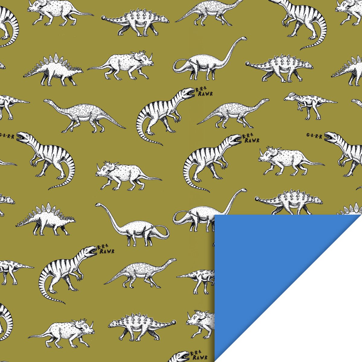 1 Rol dubbelzijdig inpakpapier 70 CM - 3 Meter Dinosaurus olijf groen - Blauw - Verjaardag - Cadeaupapier - Jongen - meisje - - SNQ Cadeau Verpakkingen