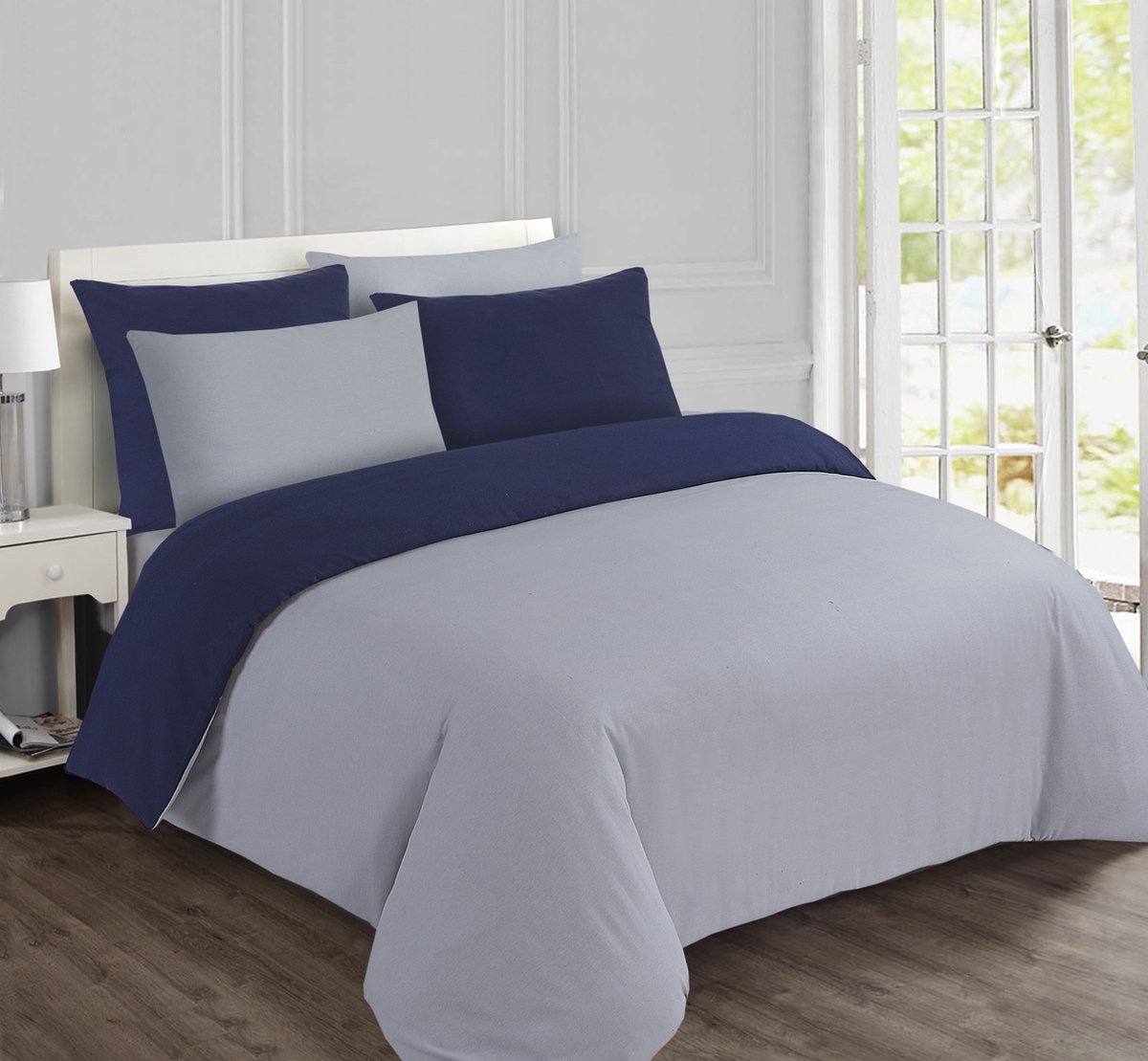 VISION Flanel - Tweezijdig omkeerbaar Dekbedovertrekset - 100% katoen flanel: warm en zacht - Eenpersoons - Dekbedovertrek 140 x 200 cm met 1 bijhorende sloop - Grijs / Blauw - Oekotex gecertificeerd