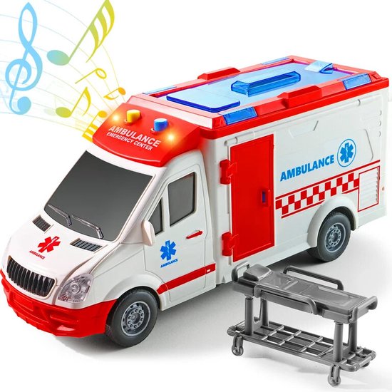 Wit ambulance speelgoed met rode accenten, verlichting en muzieknoten. Een brancard staat ernaast.
