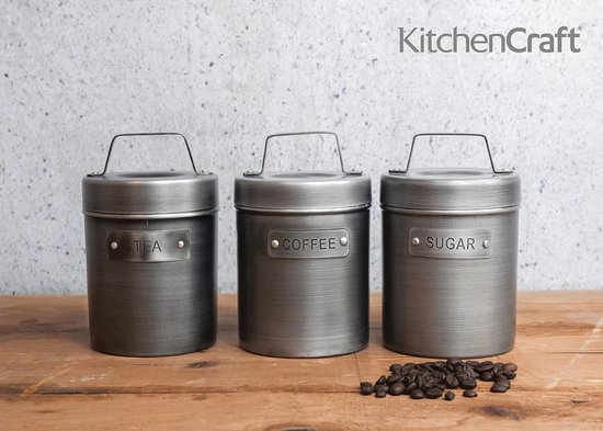 Foto: Industrial kitchen koffie thee suiker bussen voorraad potten set van 3 stuks 9 x 9 x 17 centimeter ijzer grijs