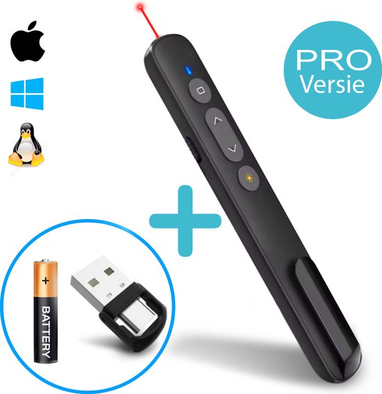 Foto: Draadloze presenter presentatie klikker wireless presenter powerpoint afstandsbediening laser pointer inclusief usb a en usb c ontvanger draadloos usb zwart macos windows linux 30 meter