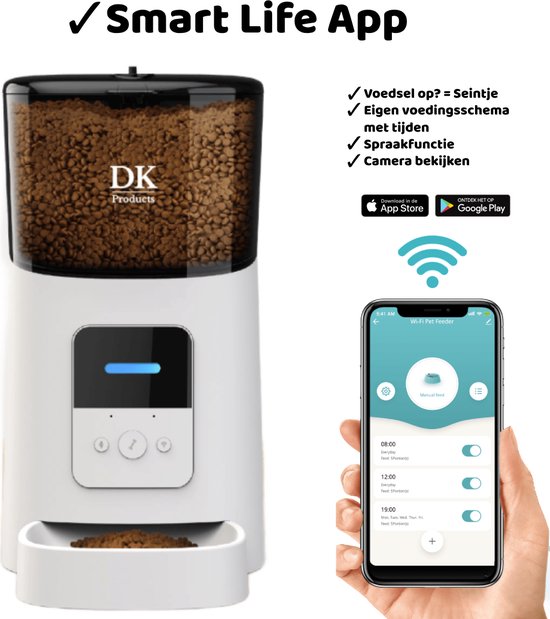DKProducts Automatische Voerbak Wit - Voerautomaat Met App - Smartphone Besturing - Voerinhoud 6 Liter - Voor Katten- en Hondenvoer - Droogvoer - Voedingsschema - WiFi