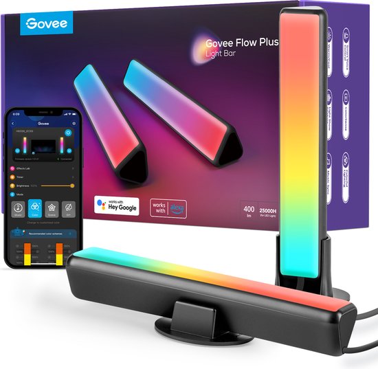Emballage Govee Flow Plus Light Bar avec deux barres lumineuses, application smartphone et compatible Alexa/Google.