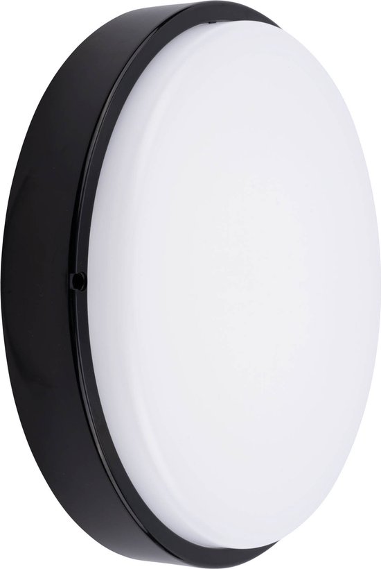 Plafonnier LED rond noir avec diffuseur blanc mat.
