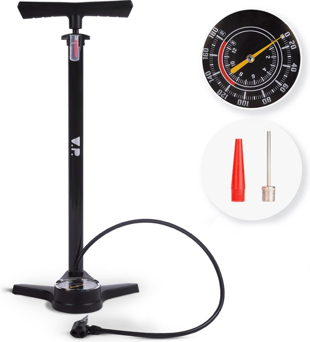 V.P. Staande Fietspomp met Drukmeter - Racefiets- en Mountainbike accessoires - Incl. extra opzetstukken - Tot 12 bar / Zwart