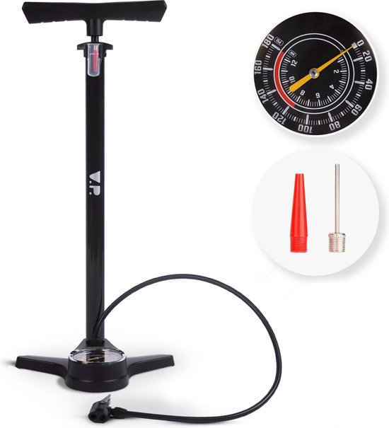 V.P. Staande Fietspomp met Drukmeter - Racefiets- en Mountainbike accessoires - Incl. extra opzetstukken - Tot 12 bar / Zwart