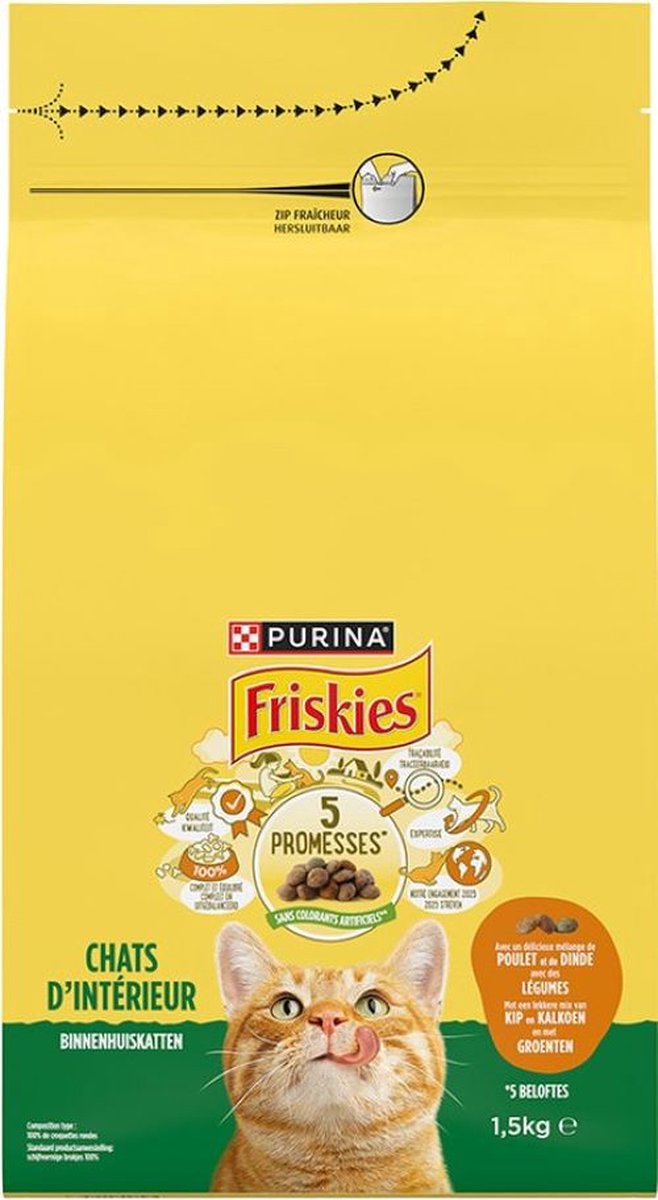5x Friskies droogvoer voor katten - kalkoen, Kip & Groenten - kattenvoer voor binnenhuiskatten- 1.5kg