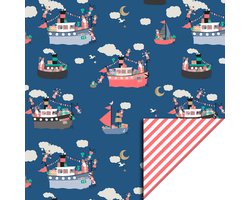 Product afbeelding van 1 Rol Dubbelzijdig Sinterklaas inpakpapier - Pakjesboot Blauw - Strepen Flour Oranje - Boot - Piet - Intocht - Cadeaupapier - pakjesavond - SNQ Cadeau Verpakkingen