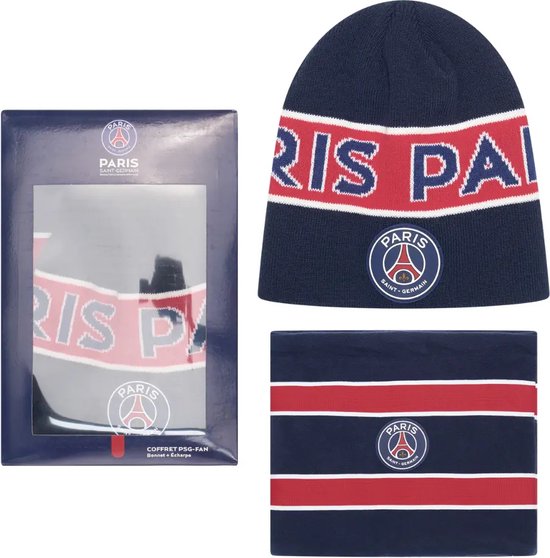 Giftset met Paris Saint-Germain muts en sjaal in donkerblauwe verpakking.