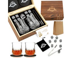 Whiskey Stones cadeauset | Set van 9 herbruikbare koelende whiskyrotsen met ijsklem, wijnflesschenker & opbergzakje, koeling van uw favoriete drank zonder verdunning, heren, dames, vader, getuige cadeau