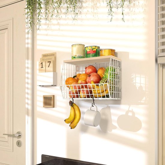 Panier à Fruits 2 Étages Empilable - Étagère Murale Cuisine Avec Couvercle Bois Et Crochets, Rangement Légumes Parfait