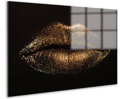 Plexiglas Schilderij Gouden Lippen – Glamour – Modern Design – Stijlvolle Kunst Voor Luxe Interieur – Slaapkamer Muurdecoratie - Woonkamer schilderij - Glasschilderij 75x50 cm