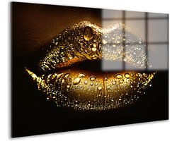 Glasschilderij 105x70 cm - Gouden lippen - Wanddecoratie - Zwart - Goud - Muurdecoratie modern - Woonkamer schilderijen - Plexiglas