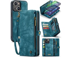 CaseMe Bookcase hoesje geschikt voor iPhone 16 - Effen Blauw - Leer - Portemonnee met 9 Vakjes voor Pasjes en Ritsvak