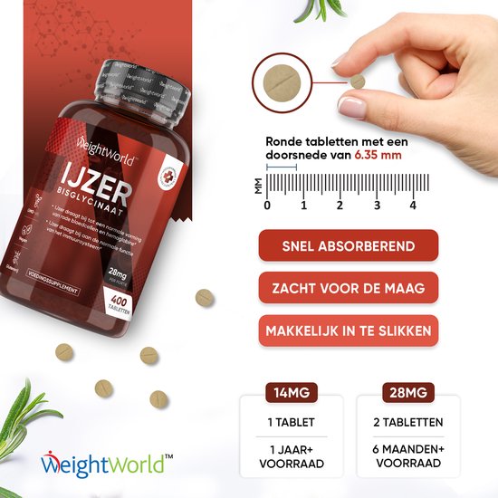 IJzer tabletten - 28 mg - 400 micro tabletten - Bisglycinaat voor optimale opname - 100% ADH - Laboratorium getest - Vegan IJzer supplement van WeightWorld