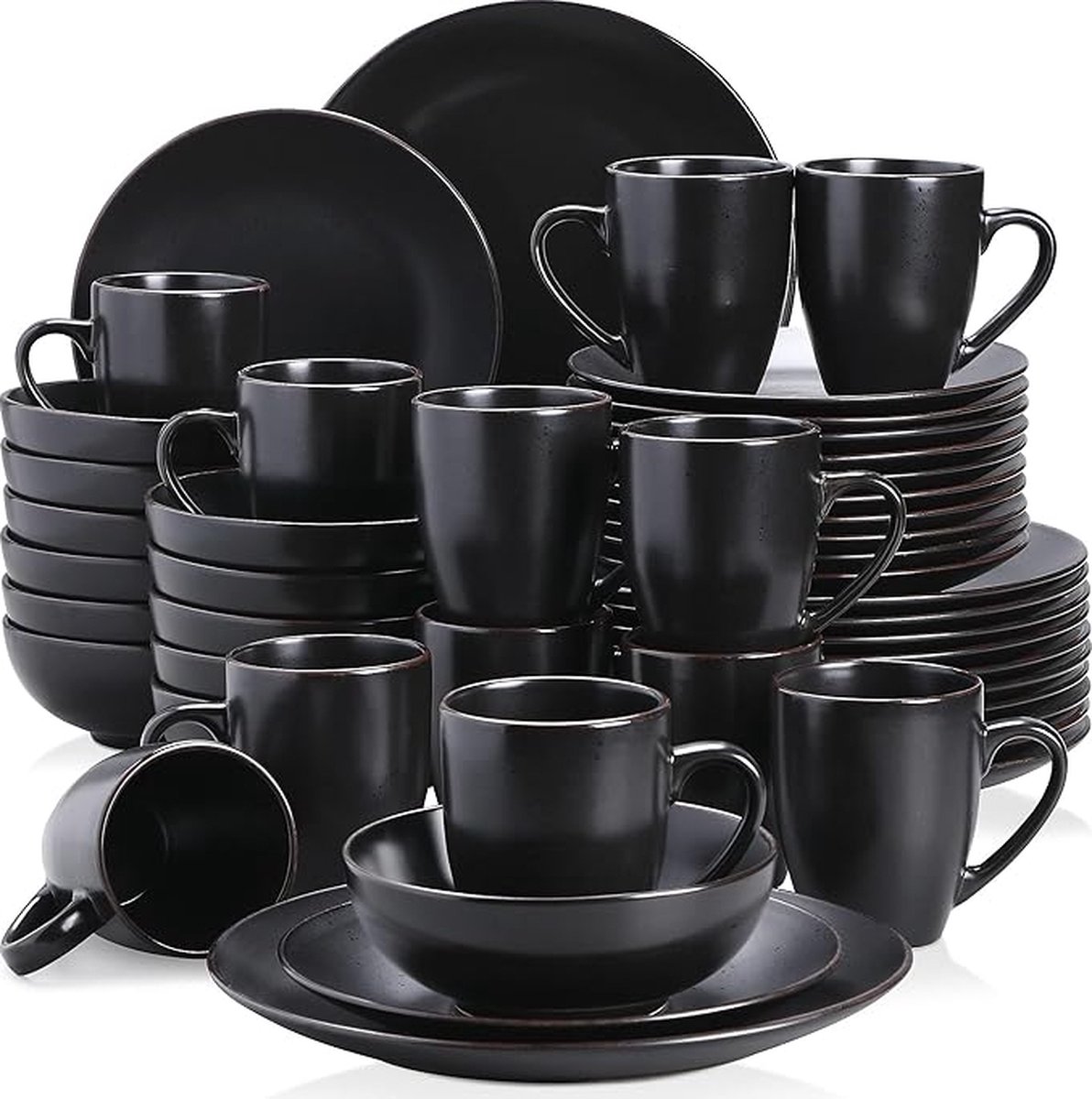 Luxe Serviesset – 48 delig – 12 persoons – Porselein - Bordenset – Dinner platen – Dessertborden - Kommen - Mokken - Schaaltjes - Zwart