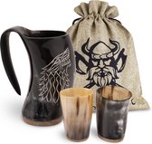 VIKING CRAFT® Viking Drinkhoorn 600 ml - Grote hoornkan Fenrir en 2 Vikingbekers voor uw Viking Mead Honingwijn - Hoornbeker, Viking kostuum decoratie, Viking hoorn set, Middeleeuws, LARP, Kommen