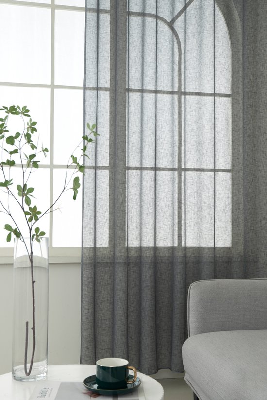 Maroyathome Bibiana - Vitrage - Kant en klaar - Plooiband - Loodveter - Schelphaken - Embrasse - DONKER GRIJS - 200 x 180 cm - 200 cm breed - 180 cm lengte - 1 stuks