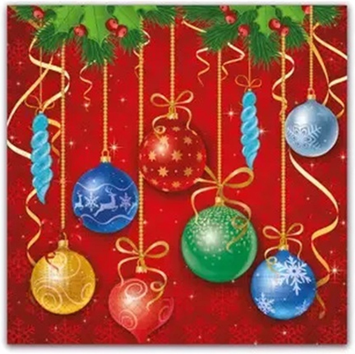 40 Kerstmis Kerst Servetten - Kerstbal met motief - Kerst Ornament - Hulst met besjes - Lint - Strik - Sparkling Balls - Rood - Blauw - Groen - Goud - 33 x 33 cm - 3-Laags - Decorata