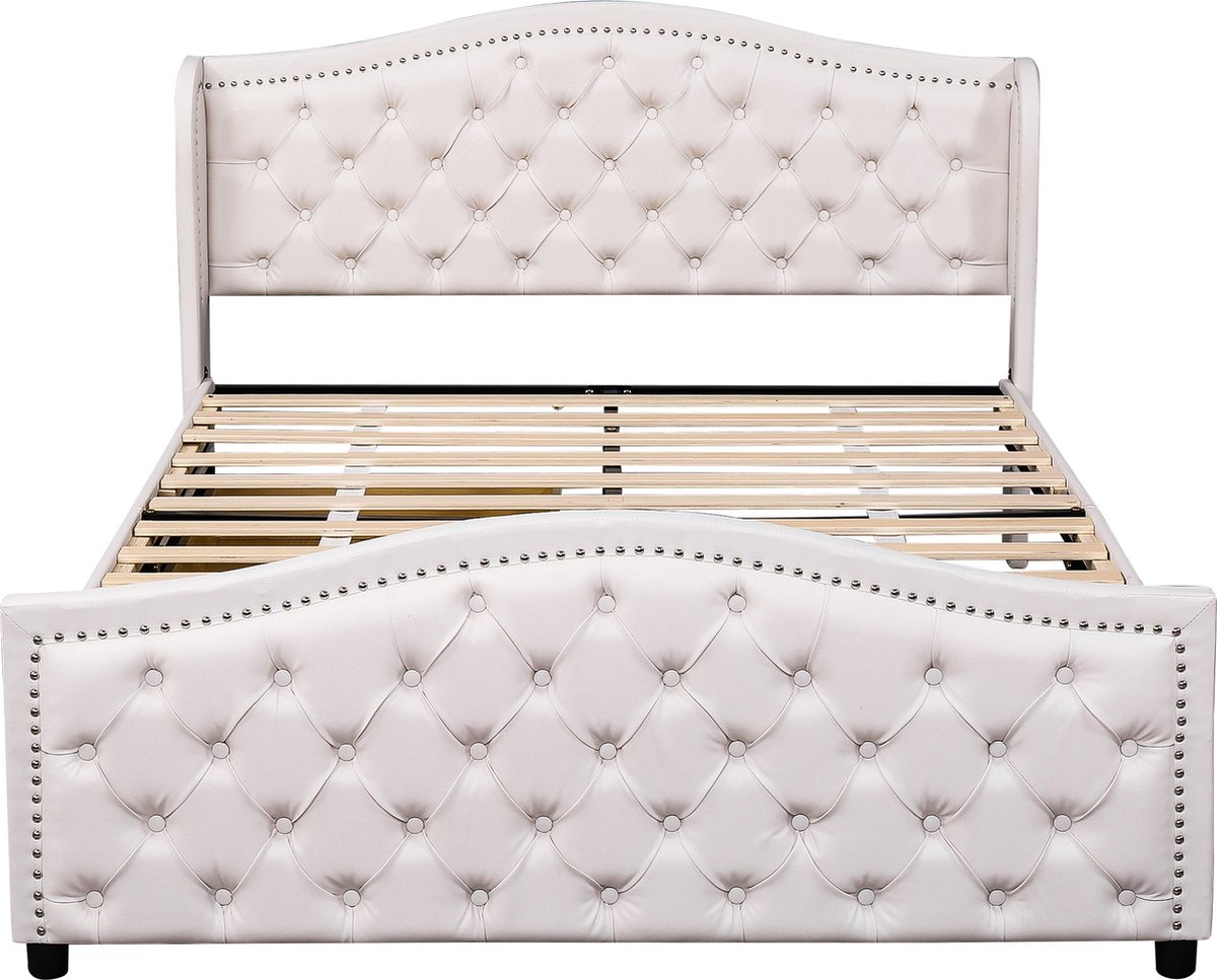 Merax Queensize Tweepersoonsbed 160x200 cm - Kunstleer Gestoffeerd Bed met Lattenbodem en 2 Laden Bedframe met Decoratieve Hoofdbord met Nieten - Wit