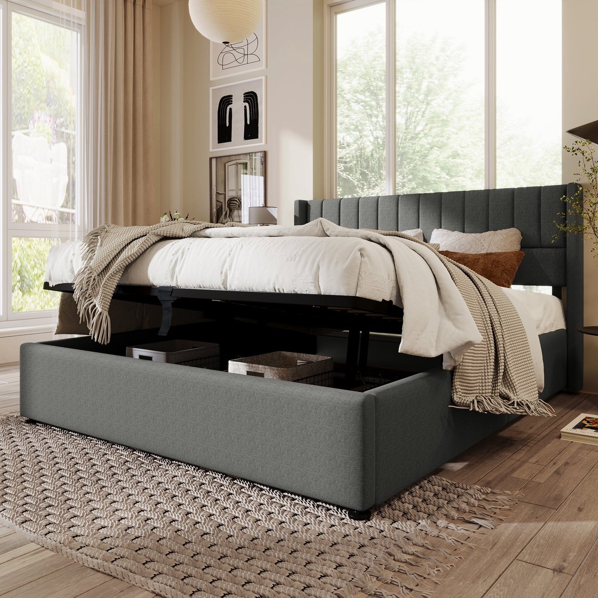 Merax Gestoffeerd Kingsize Tweepersoonsbed met Hydraulische Opbergruimte - 180x200cm Bed in Grijs Linnen