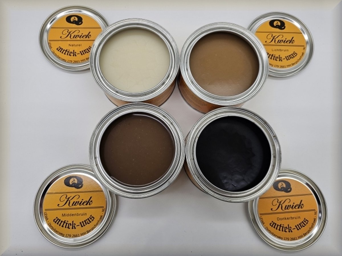 4 blikken KWIEK antiekwas - kleuren NATUREL + LICHT- + MIDDEN- + DONKERBRUIN - de echte onderhoudswas volgens oudhollands recept - 375 ml per blik - makkelijk in gebruik - meubelwas - bijenwas - boenwas - terpentijnwas - De Enige Echte KWIEK was