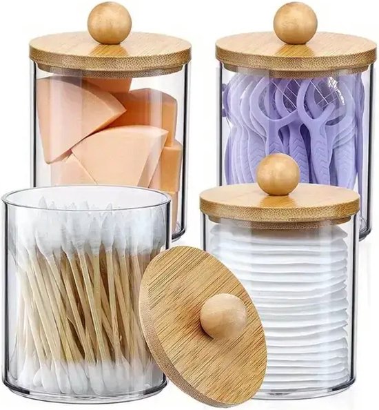 Foto: Wattenschijfjeshouder met deksel 4 stuks wattenschijfjes dispenser wattenpot watjes houder wattenhouder houder dispenser opslag organizers organizer make up badkamer accessoires bamboo