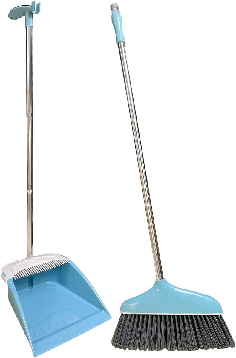 Goedkoopste Bezem Kit met Lange Handvat en Stofpan Combo voor Thuis Schoonmaken - Verticaal ontwerp - Blauw
