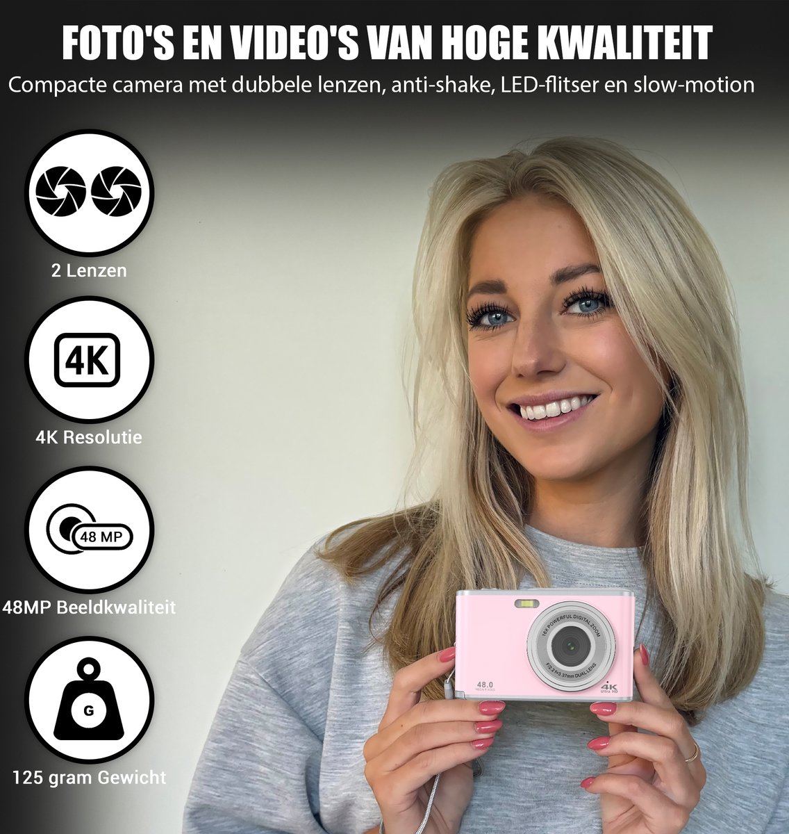 K&L Digitale Camera 4K - Fototoestel - Fotocamera - Compact Camera - Vlog Camera - Voor Kinderen - Inclusief 64GB - NL Software - Roze thumbnail 3