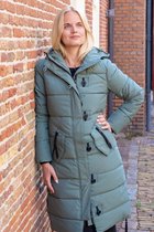 Lange dames winterjas - Gewatteerd en getailleerd - Zeegroen - Maat 44