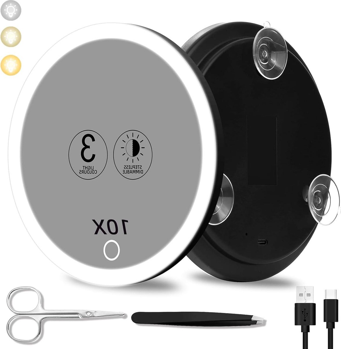 Goedkoopste Vergrotingsspiegel met licht - 10 x, 3 kleurmodi dimmen - 15 cm, verlichte vergrotingsspiegel met zuignappen - reisupspiegel - make-up spiegel met pincet en schaar