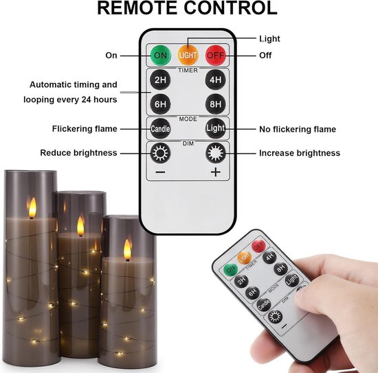 Led-kaarsen, flikkerende vlam, 3 stuks, met afstandsbediening, timer, 7,5 x 10/12,5/15 cm, voor decoratie, bruiloft, kerk, avond, tuin, grijs Led-kaarsen, flikkerende vlam, 3 stuks, met afstandsbediening, timer, 7,5 x 10/12,5/15 cm, voor decoratie, bruiloft, kerk, avond, tuin, grijs