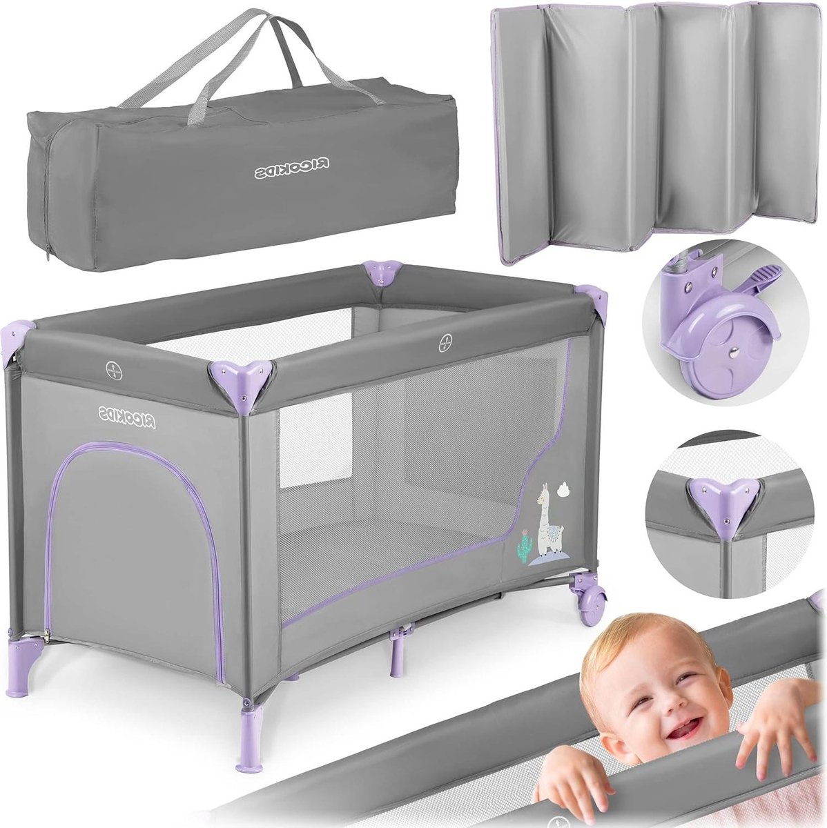 Peuterbed draagbaar - 125 x 65 x 78 cm - 15 kg belastbaarheid - opvouwbaar - lichtgrijs en lavendel